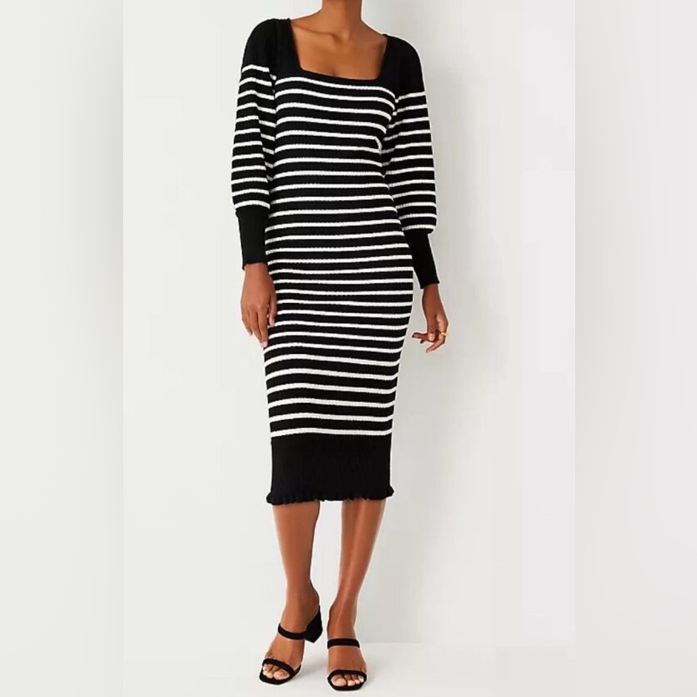 Ann Taylor Black Striped Puff Sleeve Ruffled Square Neck Fitted Midi Dress sz XS